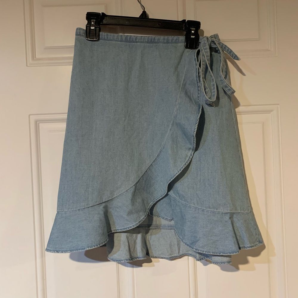 J Crew Mercantile Soft DenimBlue Mini Wrap Skirt with Ruffled Hem